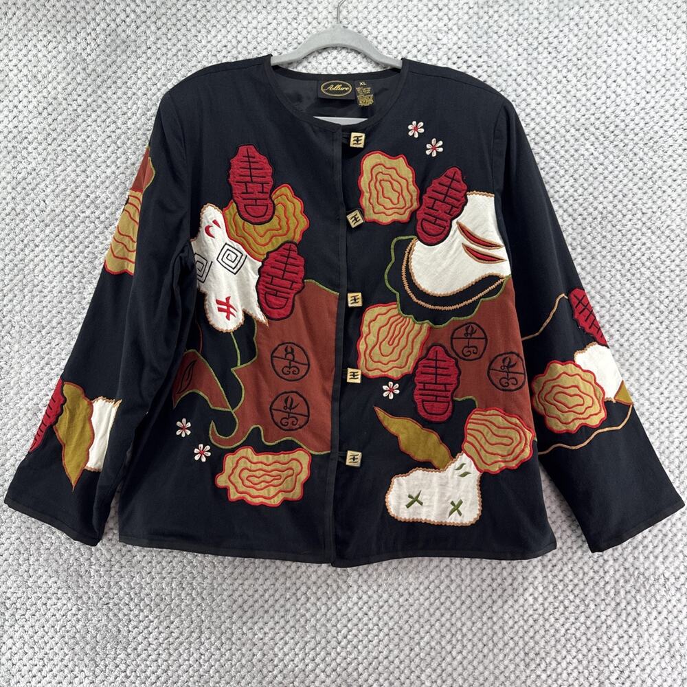 VTG Allure Jacket Women XL Black Brown Asian Art To Wear Wood Button Front Crew